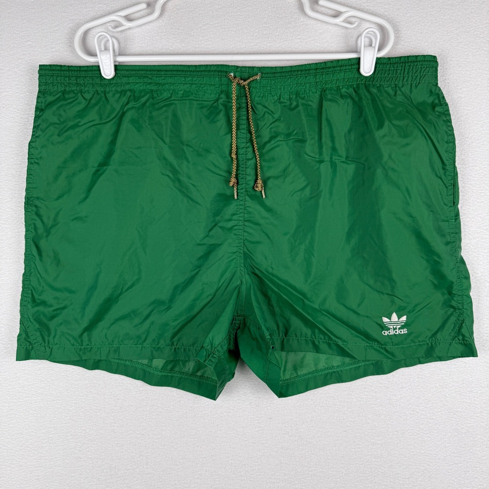 Vintage 80s Adidas Swim Shorts Mens Large Green Trefoil Logo Lined Nylon Trunks